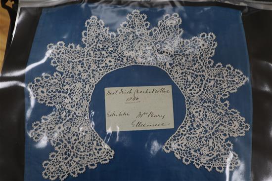 Three folders containing examples of needle lace, bobbin lace, some textiles from 18th/20th century